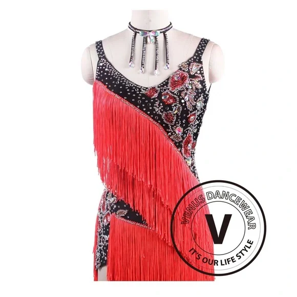 Venus Black and Red Fringe Latin/Rhythm Dance Dress - joarbit.com